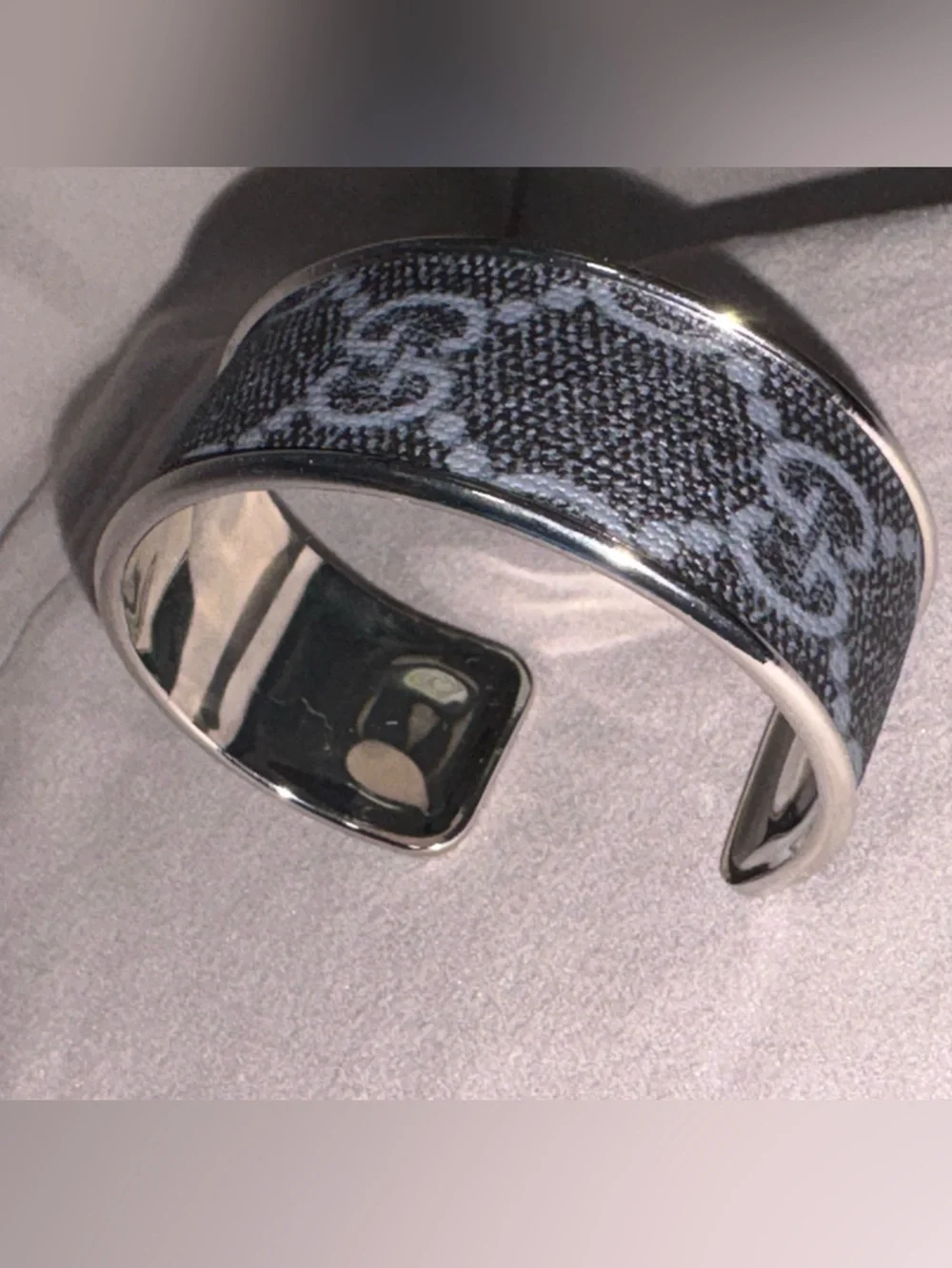 Black GG Patterned Cuff Bracelet - Sleek Silver Trim GG Monogram - Picture 2 of 6